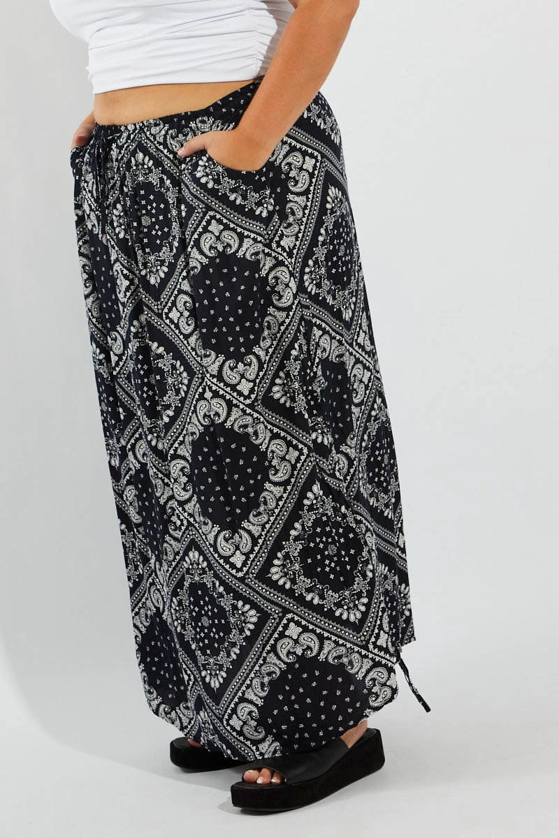 Weekend Fashion Flow Look Blue Boho Drawstring Side Bandana Maxi Skirt