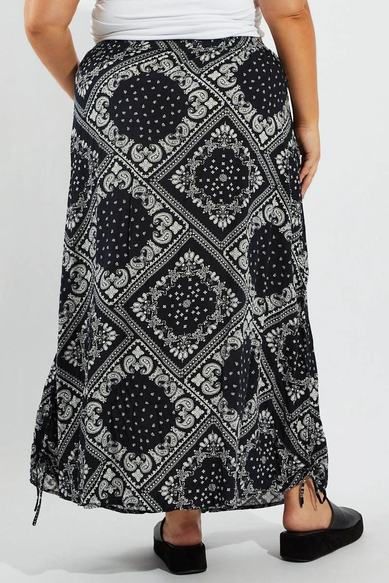 Reimagined Classic Artisan Print Blue Boho Drawstring Side Bandana Maxi Skirt