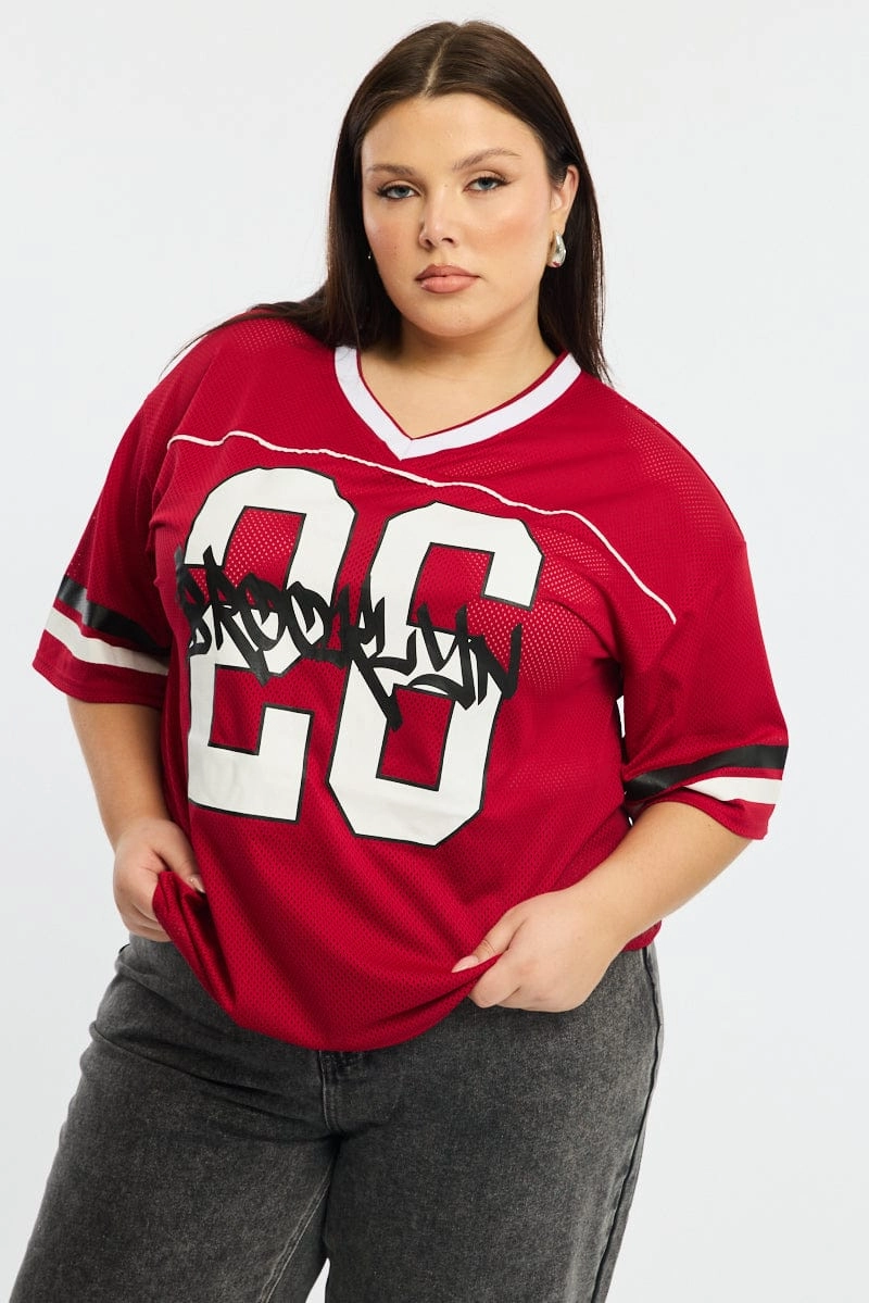 Red Sport Tee Short Sleeve Cozy Waist Movie Night