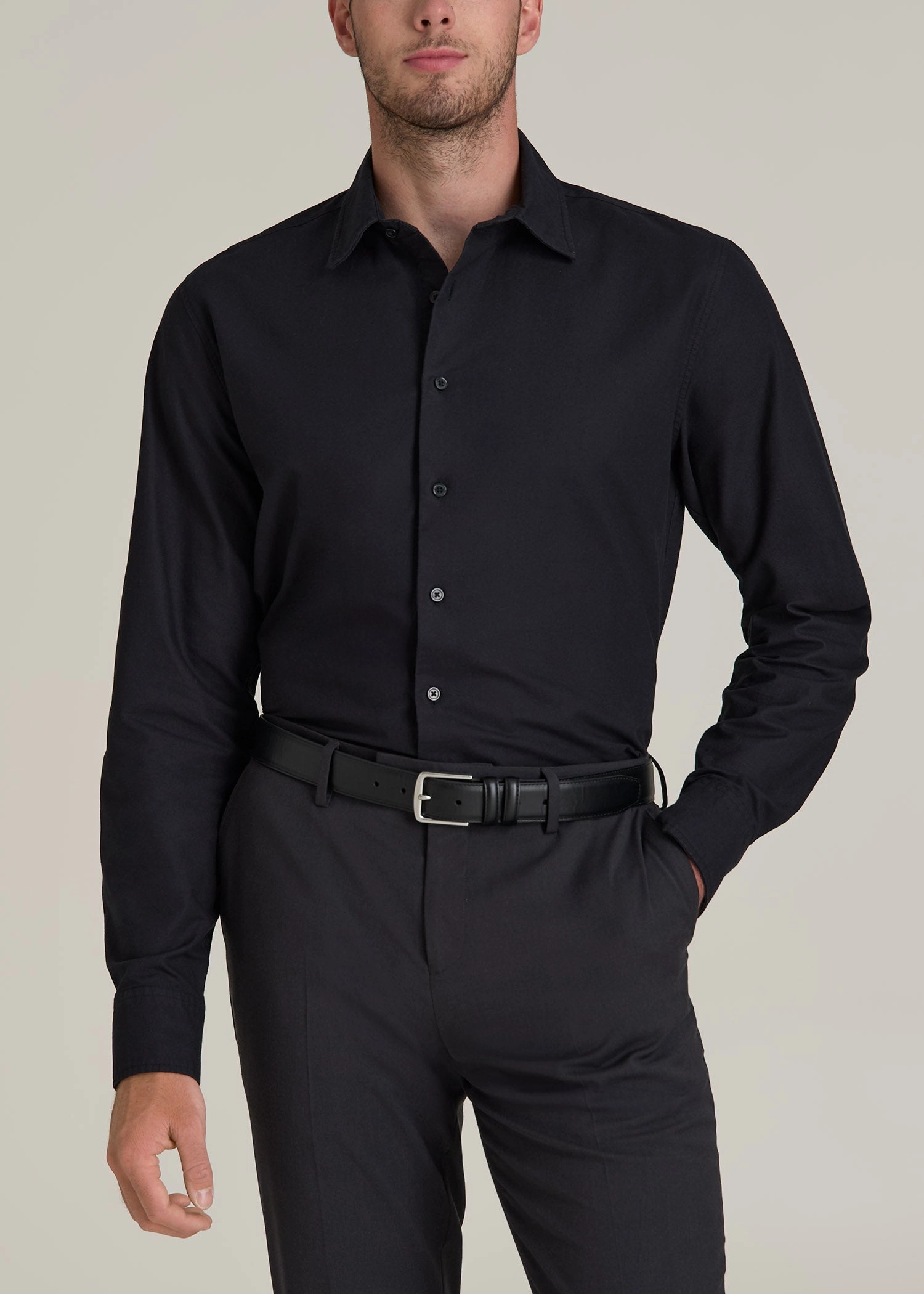 AntiStatic Coating Hydrophobic Threadwork Pinpoint Oxford Shirt for Tall Men in Black