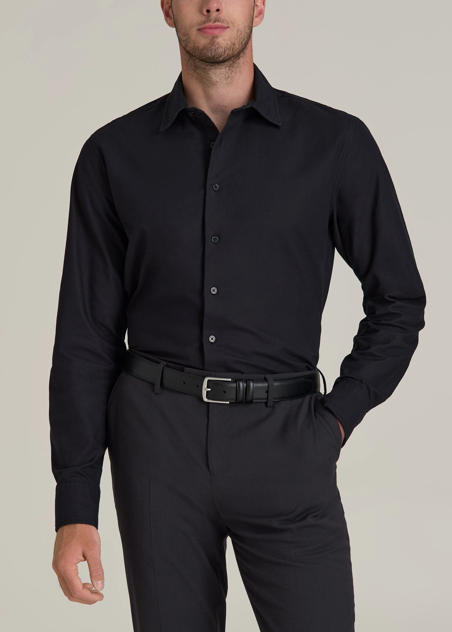 Pinpoint Oxford Shirt for Tall Men in Black Non Restrictive Fit Temperature control