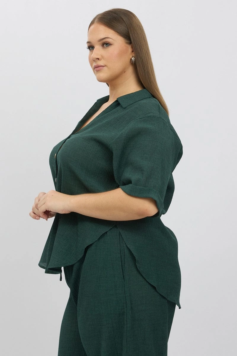Stretchable Cloth Green Relaxed Shirt Short Sleeve Textured
