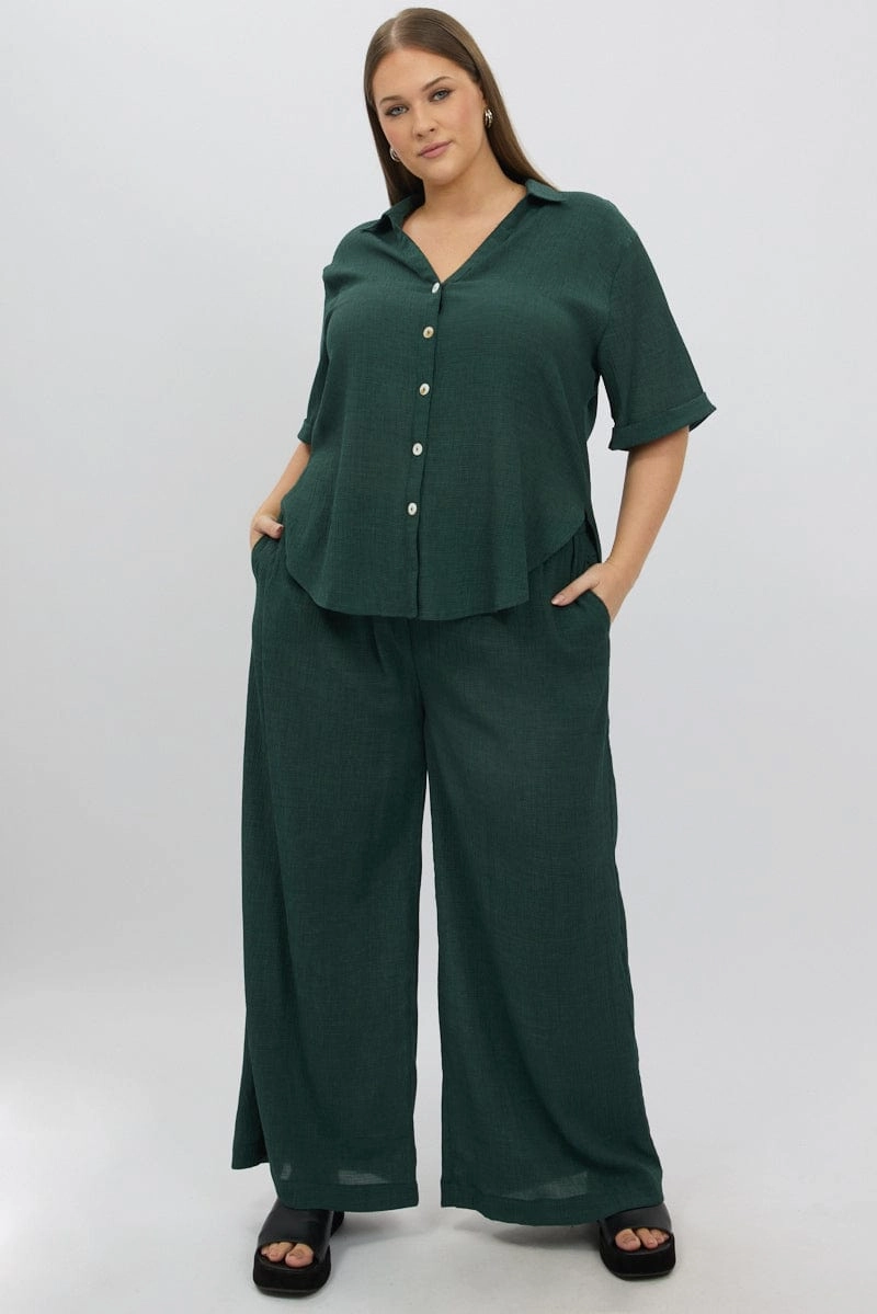 Green Relaxed Shirt Short Sleeve Textured Double Stitched Seams