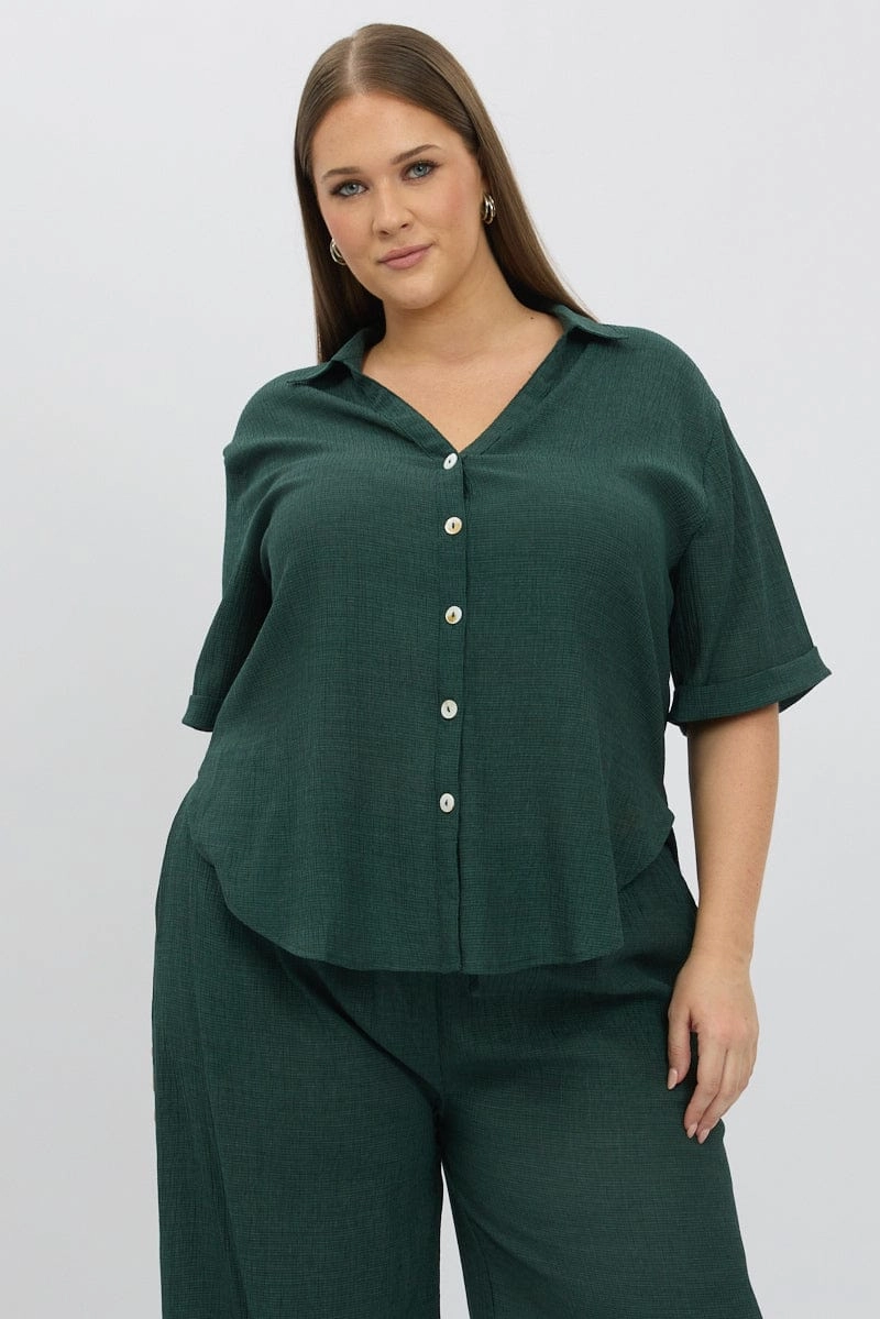 Green Relaxed Shirt Short Sleeve Textured Eco Dye Technique Soft Stretch Collar