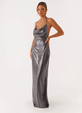 One-Shoulder Sleek Love Sequin Maxi Dress - Silver Sequin