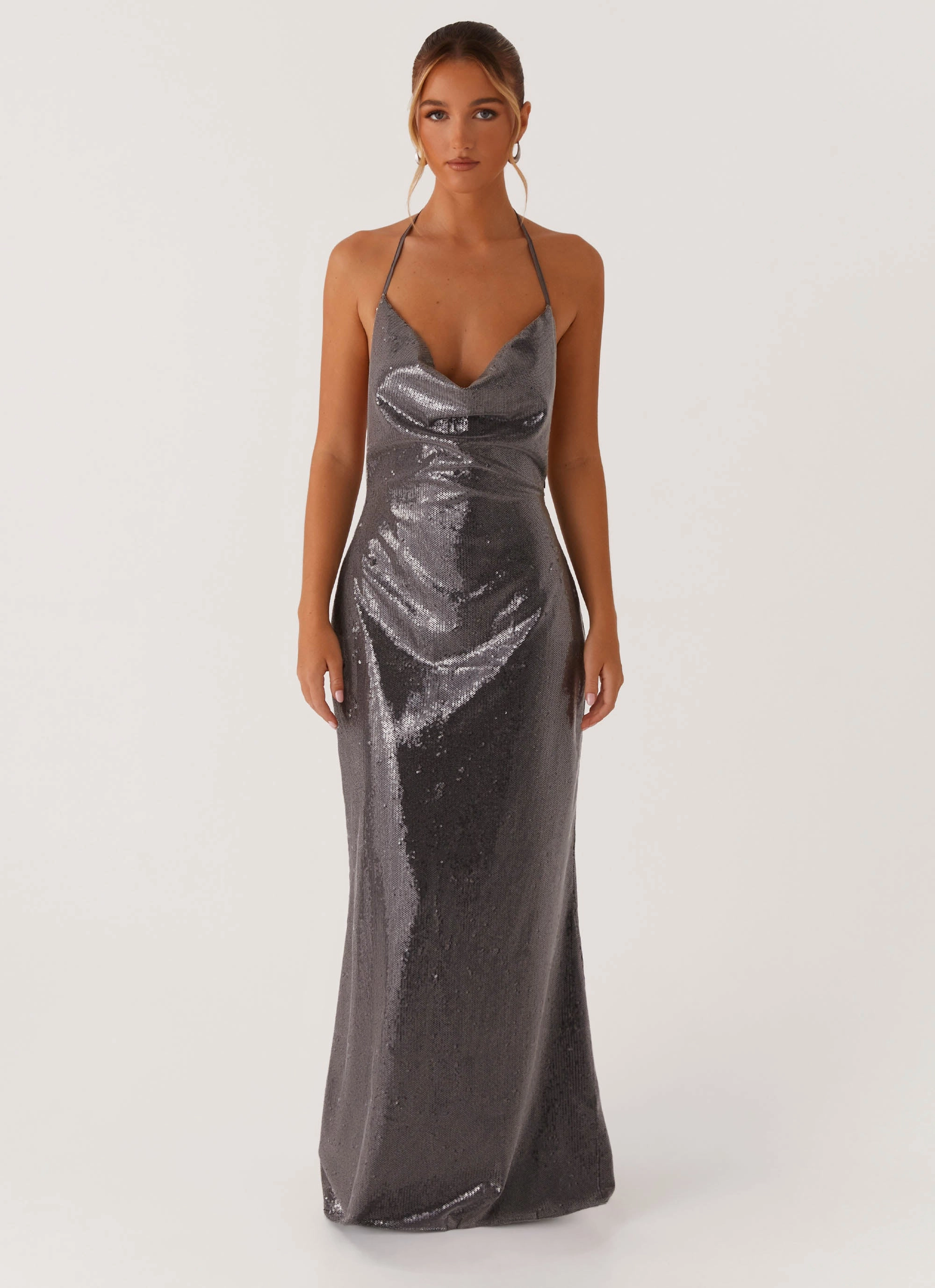 London Cool Sleek Love Sequin Maxi Dress - Silver Sequin