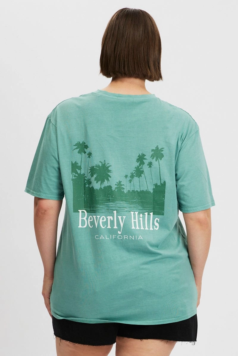 Roomy Fit print design Green Graphic T Shirt Short Sleeve Crew Neck