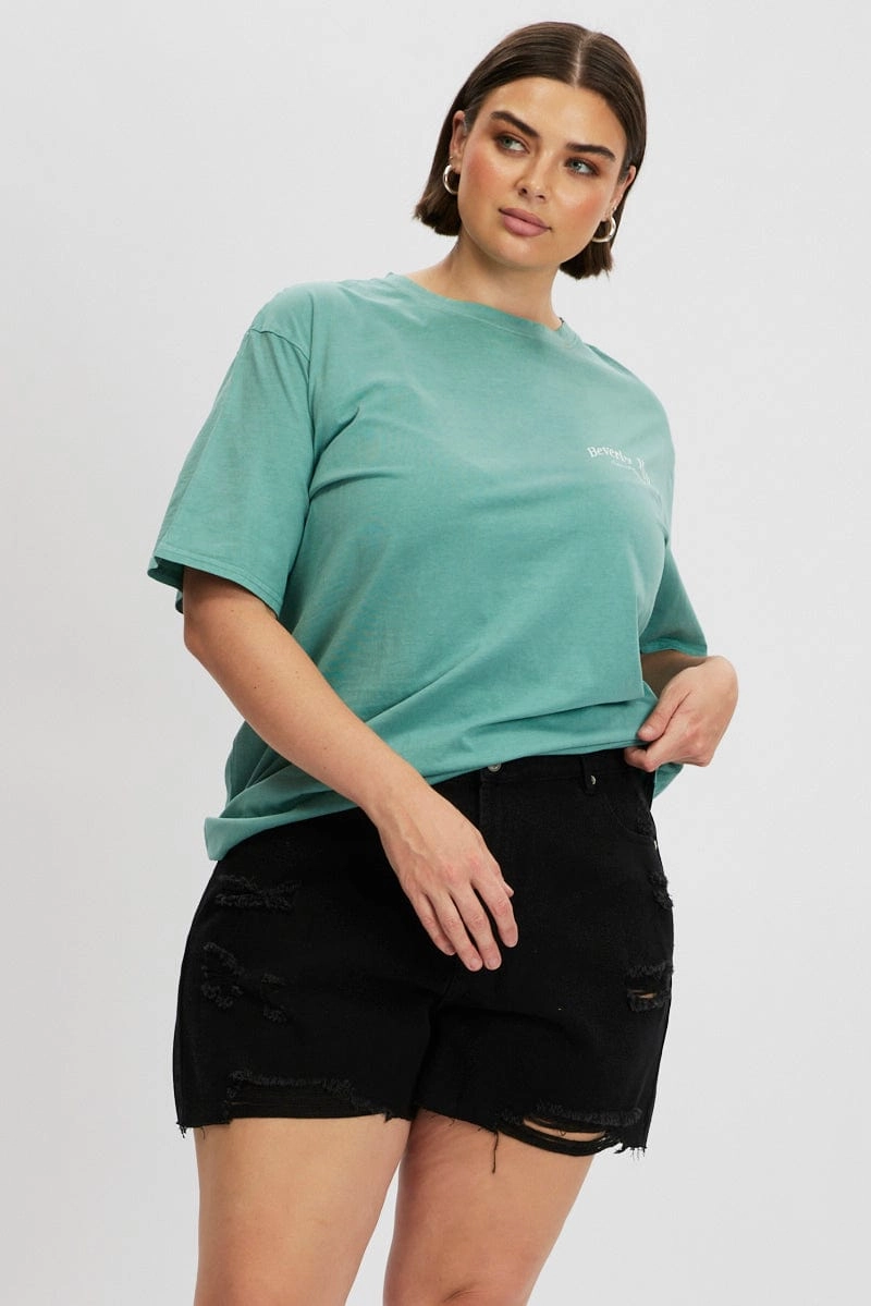 Trendy Basics Green Graphic T Shirt Short Sleeve Crew Neck