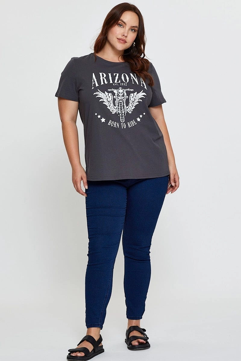 SeamlessSidePanels Modern Style Trend Grey Graphic T-shirt Arizona Biker Short Sleeve Cotton