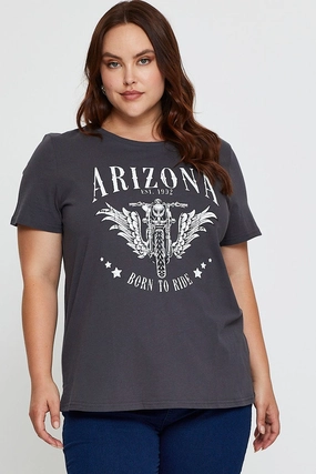 Grey Graphic T-shirt Arizona Biker Short Sleeve Cotton Quick Comfort Design