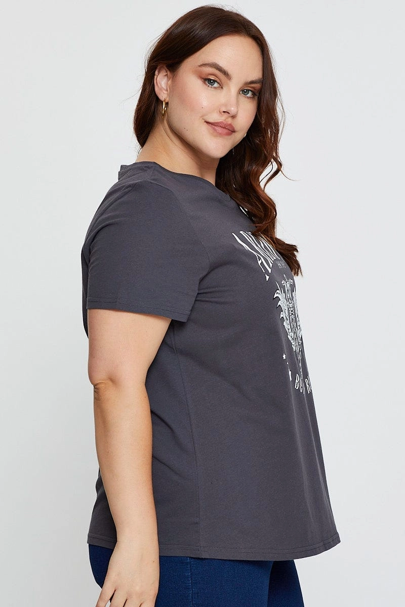 Grey Graphic T-shirt Arizona Biker Short Sleeve Cotton Reinforced Hems