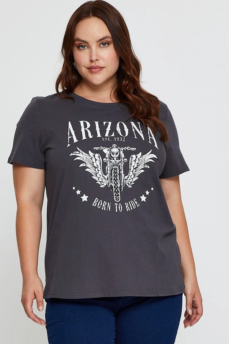 Grey Graphic T-shirt Arizona Biker Short Sleeve Cotton Quick Comfort Design