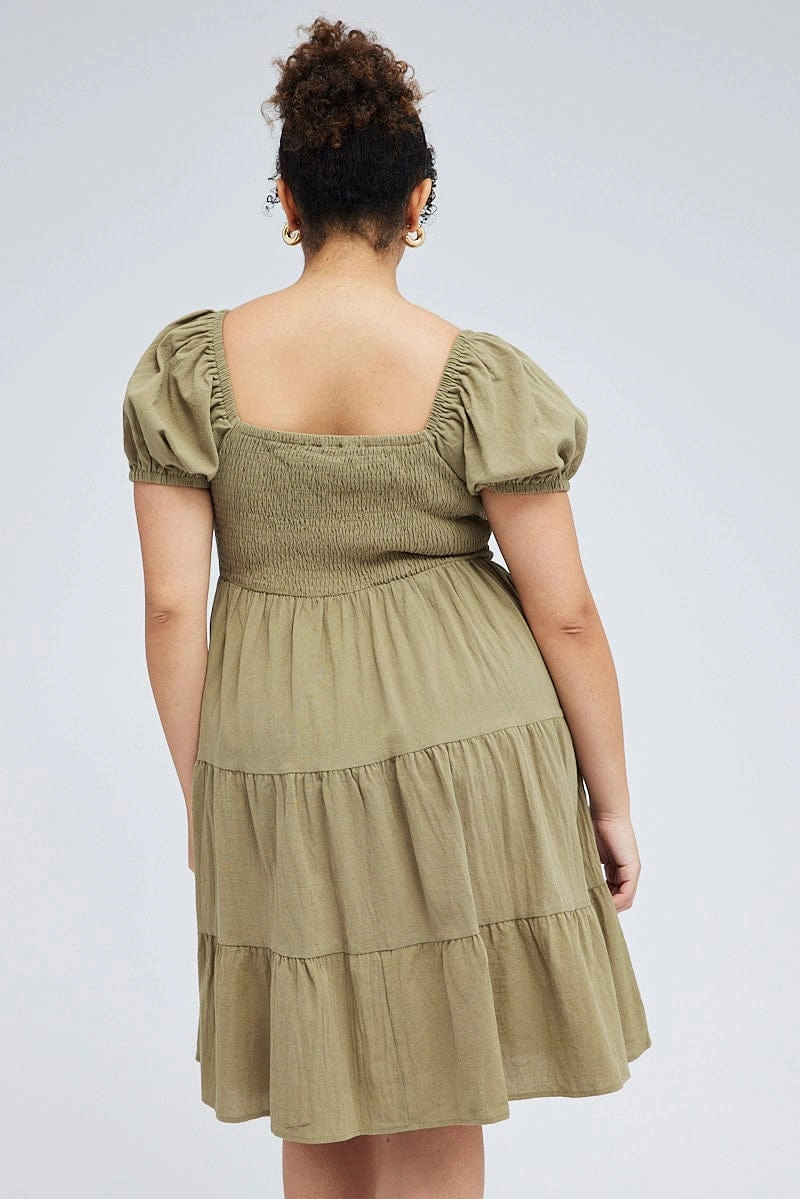 Green Mini Dress Tiered Shirred Bust Puff Sleeve Light Mood Natural Flow