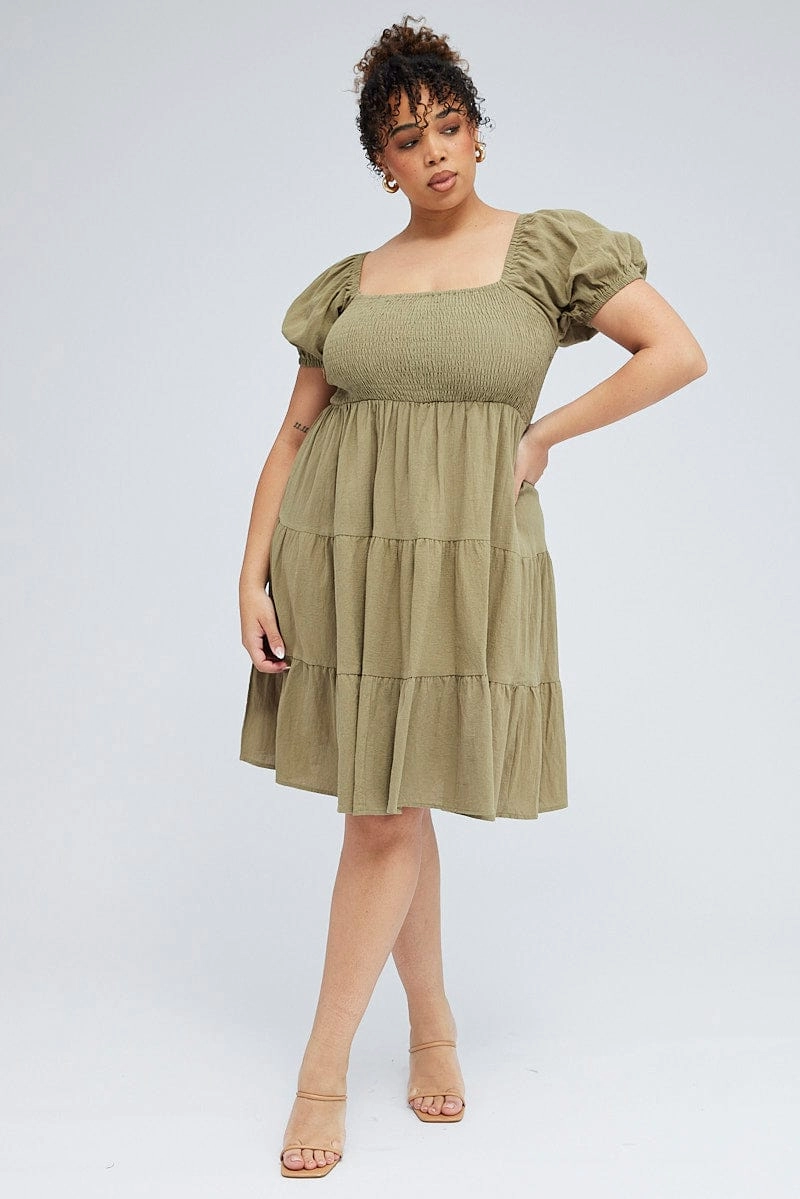 Green Mini Dress Tiered Shirred Bust Puff Sleeve Profile Enhancer Olive Fresh