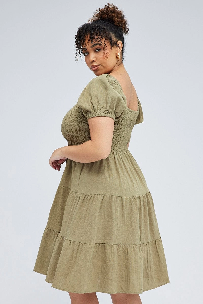 Green Mini Dress Tiered Shirred Bust Puff Sleeve Fair-Trade