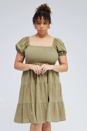 Perfect Proportion Art-Gallery Green Mini Dress Tiered Shirred Bust Puff Sleeve