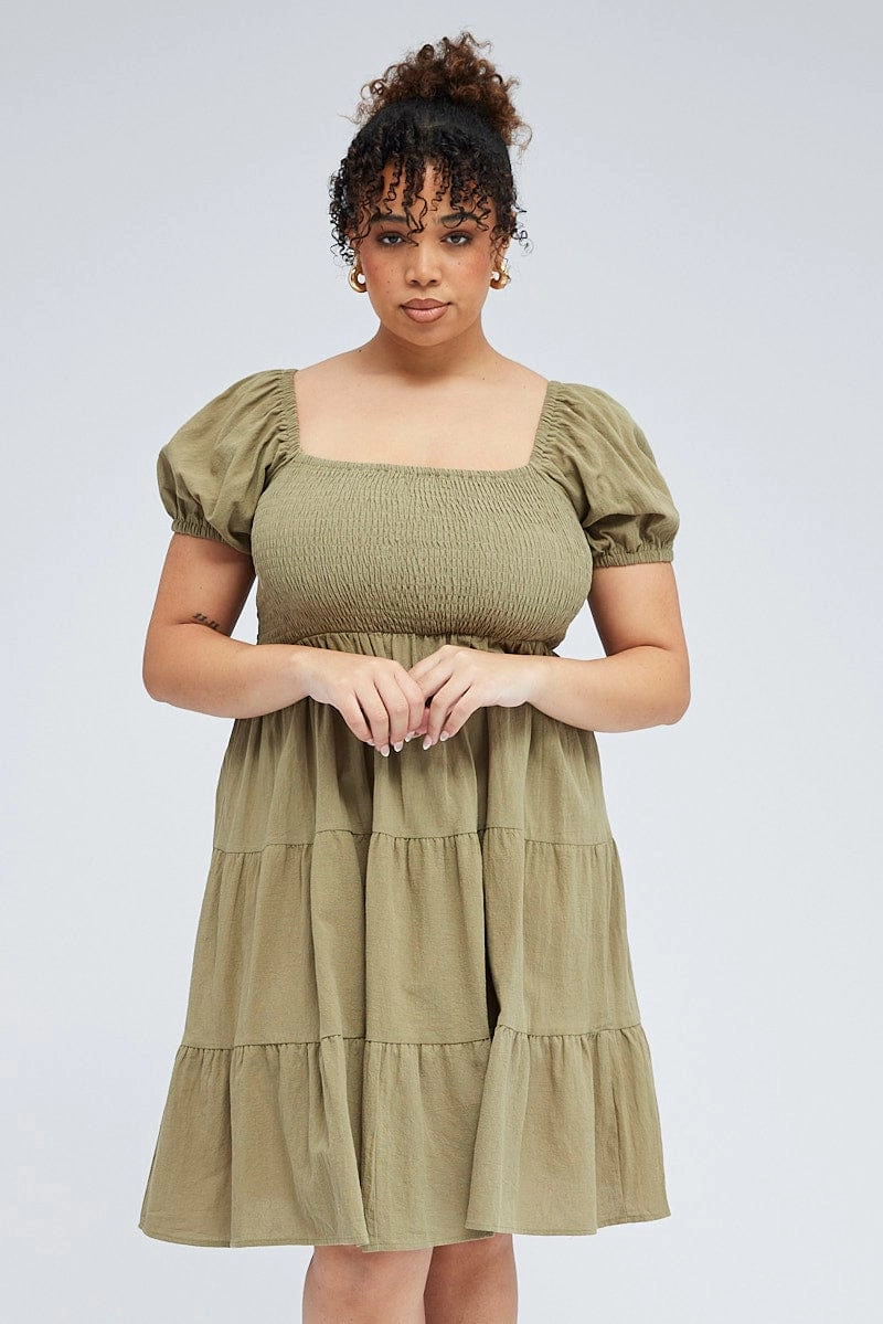 Perfect Proportion Art-Gallery Green Mini Dress Tiered Shirred Bust Puff Sleeve