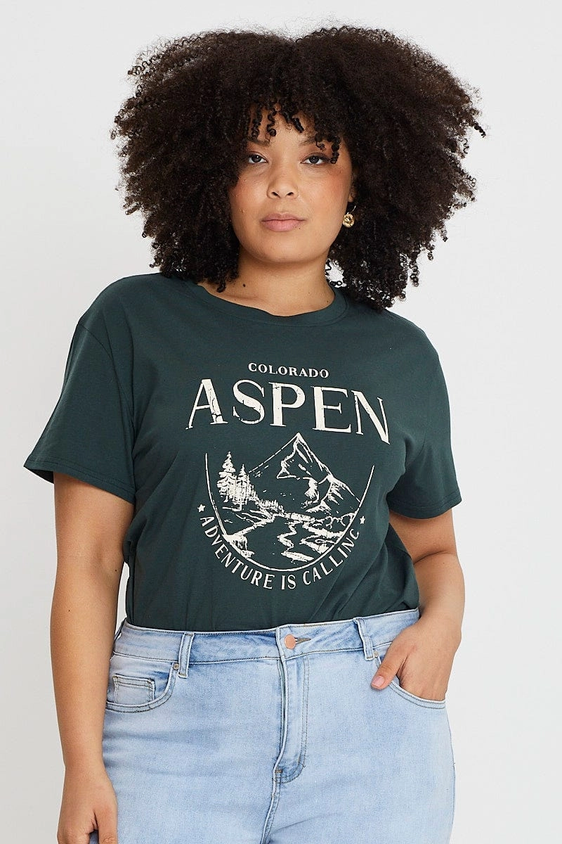 Trendy Fabric Cool Comfort Green Graphic T-shirt Aspen Short Sleeve Cotton