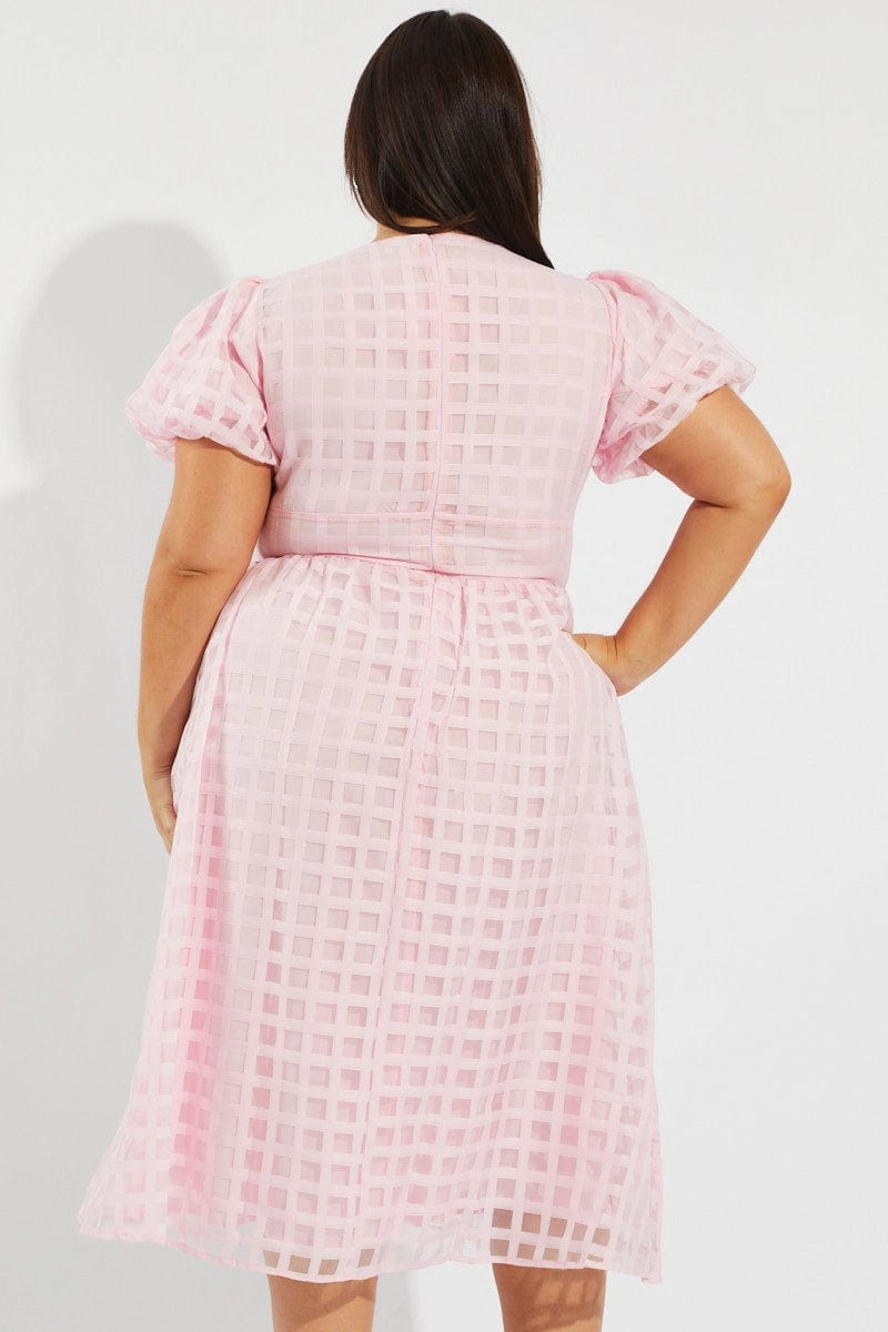 Pink Grid Check Midi Dress New Mood Flattering Shape