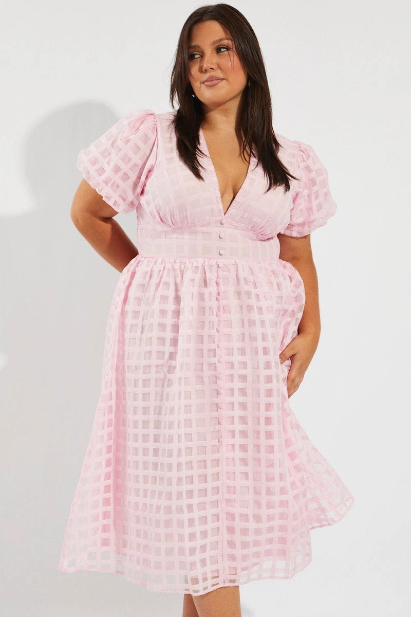 Pink Grid Check Midi Dress Farm Scene Cut-Out-Detail