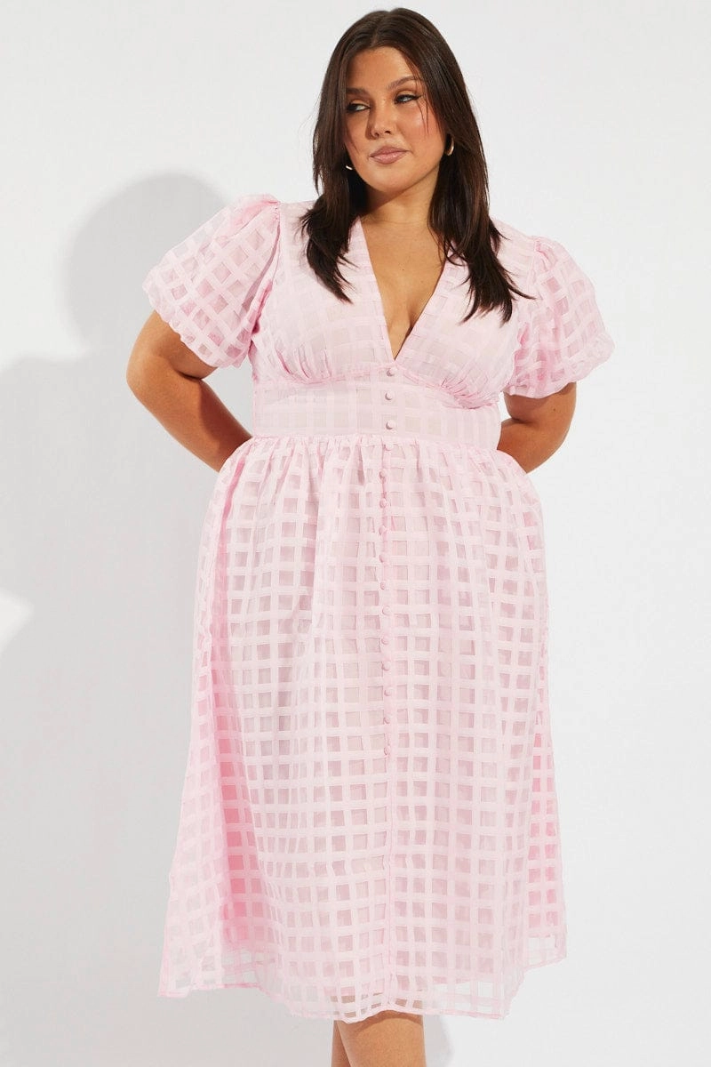 Pink Grid Check Midi Dress Chic Comfort