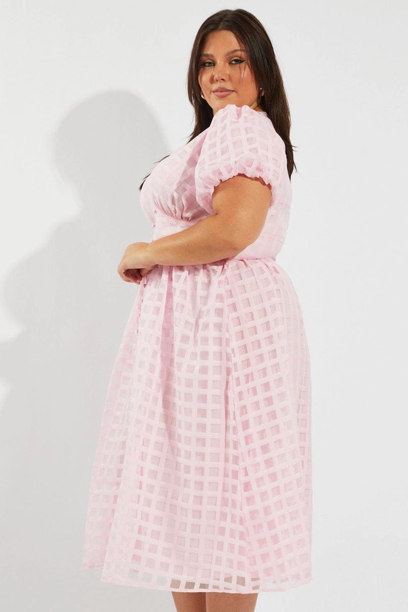 Fair-Trade Soft-touch daywear Pink Grid Check Midi Dress