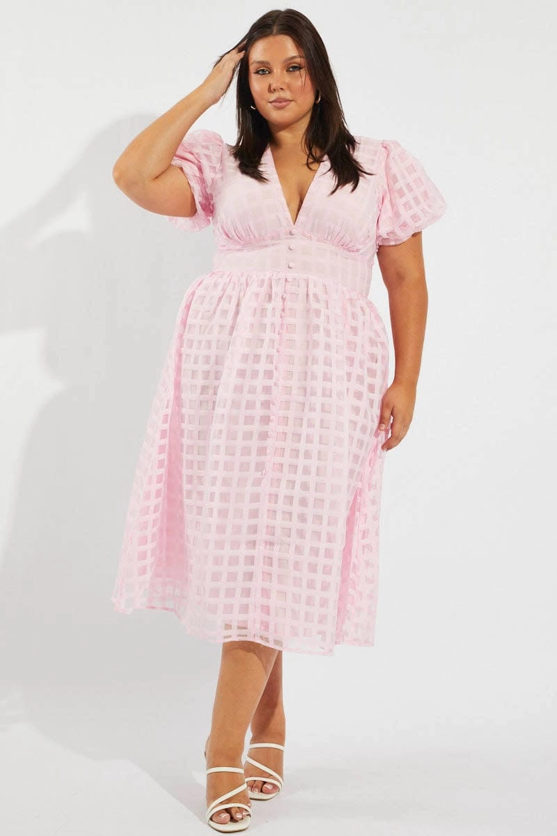 Pink Grid Check Midi Dress Comfortable travel dress Airy Feel