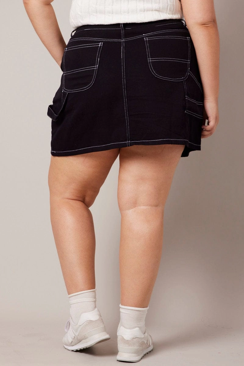 Black Contrast Stitch Mini Skirt High low hem