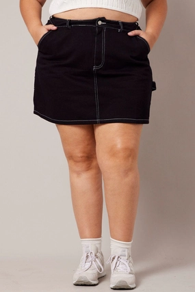 light feel Black Contrast Stitch Mini Skirt