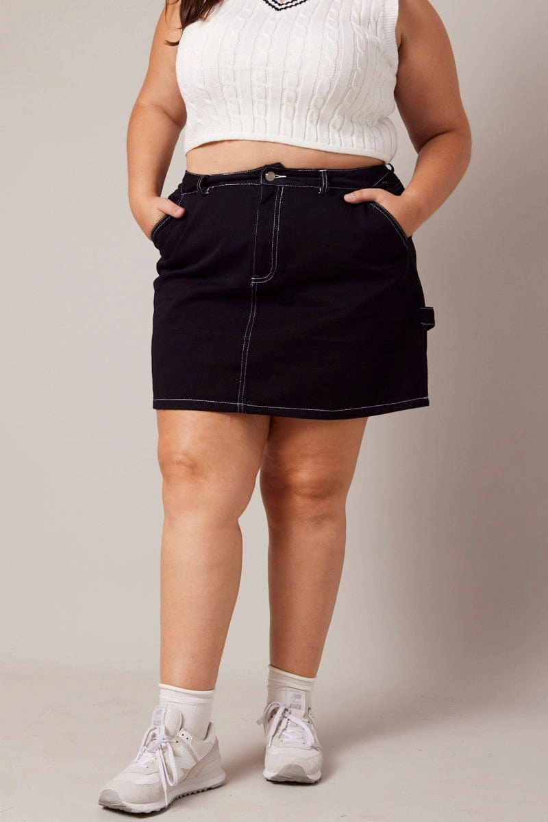 Print Mix Black Contrast Stitch Mini Skirt
