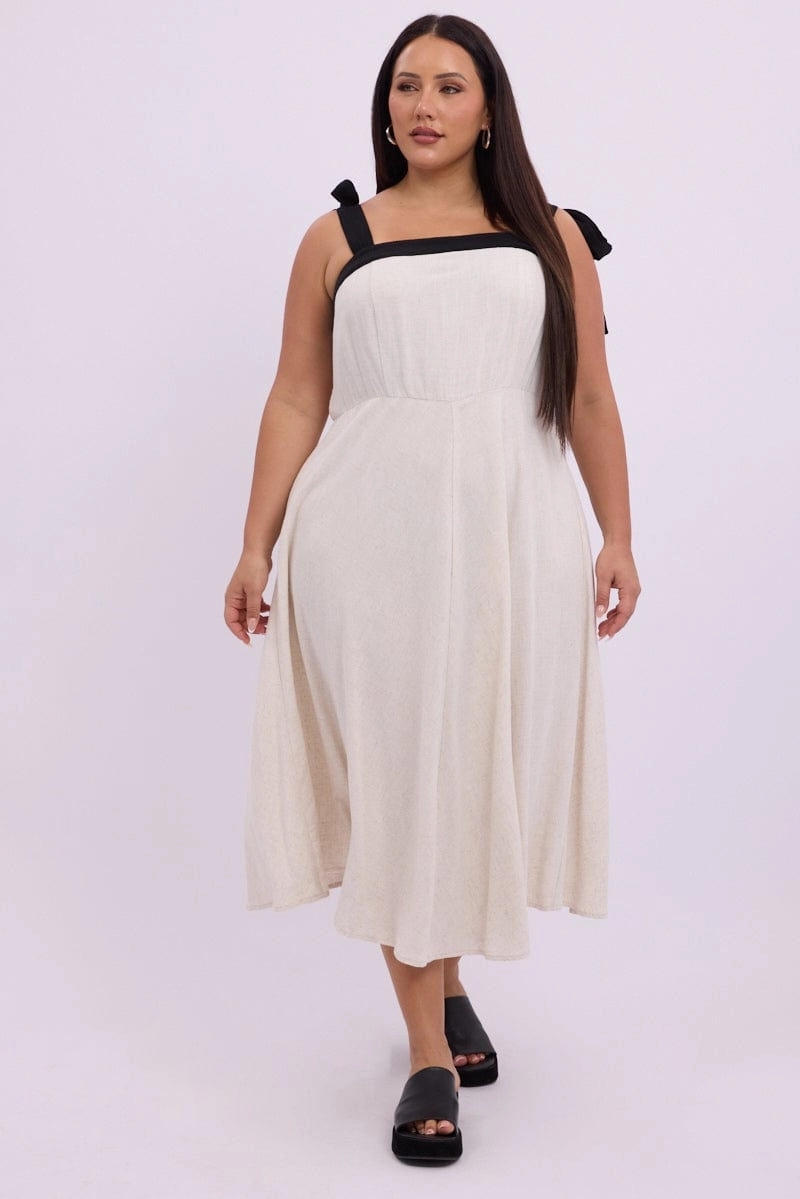 Beige Midi Dress Sleeveless Contrast Shoulder Tie Bold Simplicity