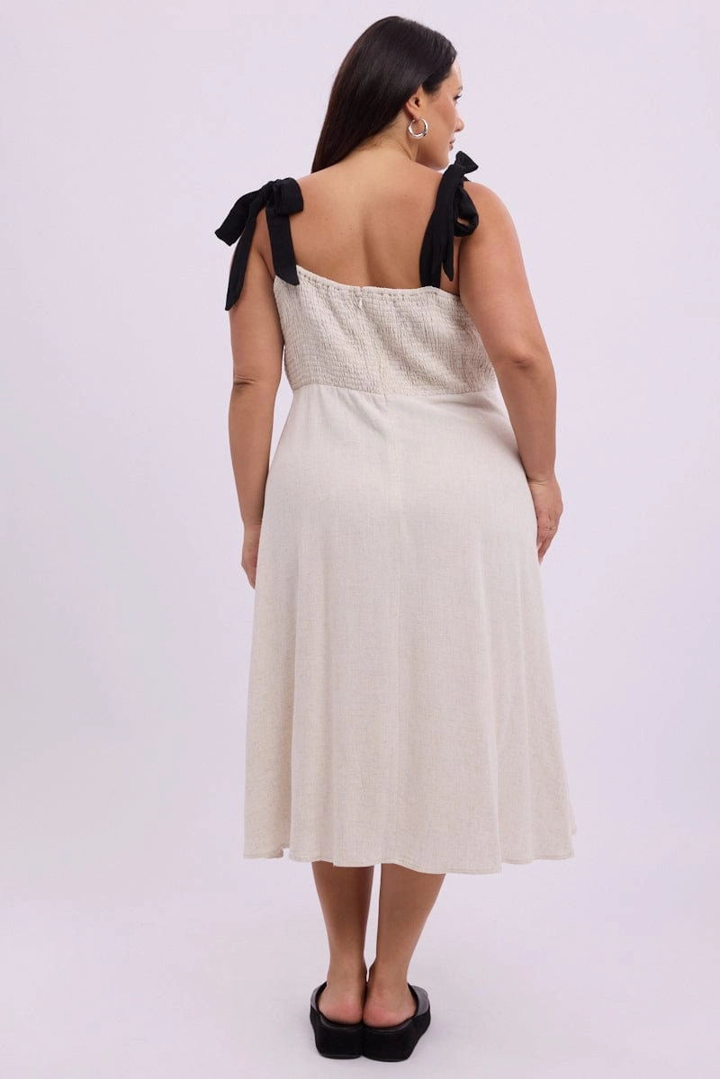 Fair-Trade Beige Midi Dress Sleeveless Contrast Shoulder Tie