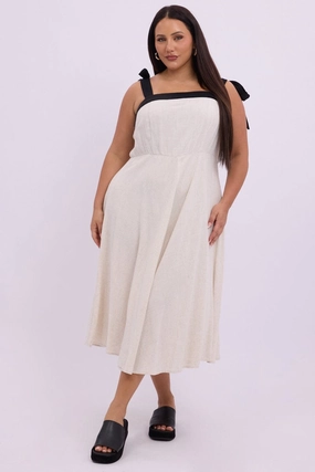 Subtle Flex Easy to Wear Beige Midi Dress Sleeveless Contrast Shoulder Tie