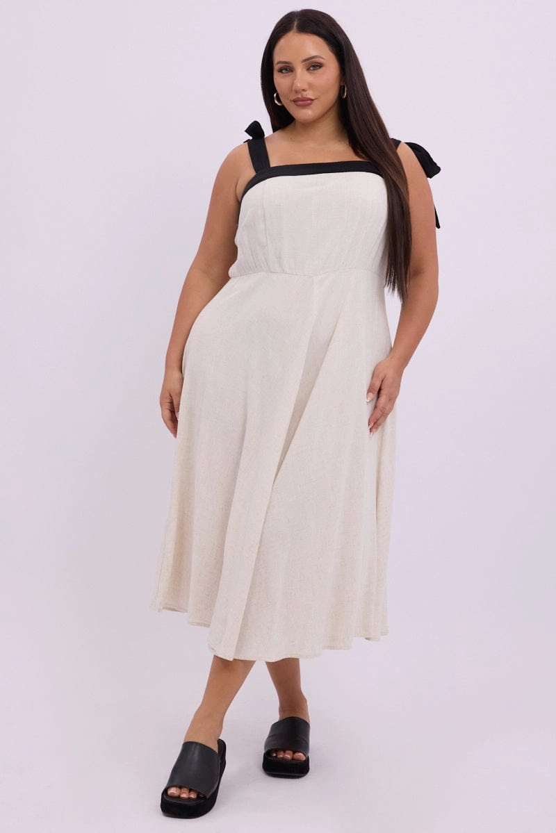 Subtle Flex Easy to Wear Beige Midi Dress Sleeveless Contrast Shoulder Tie