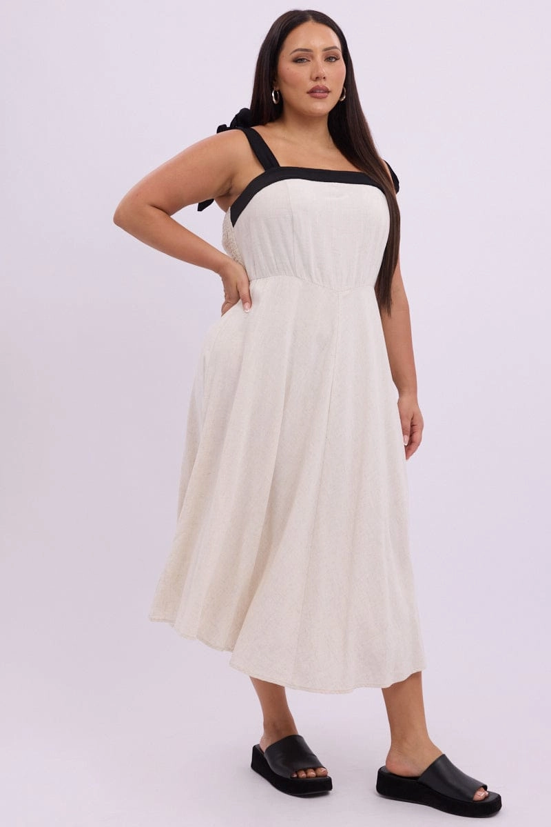 Casual Tones garden wedding Beige Midi Dress Sleeveless Contrast Shoulder Tie