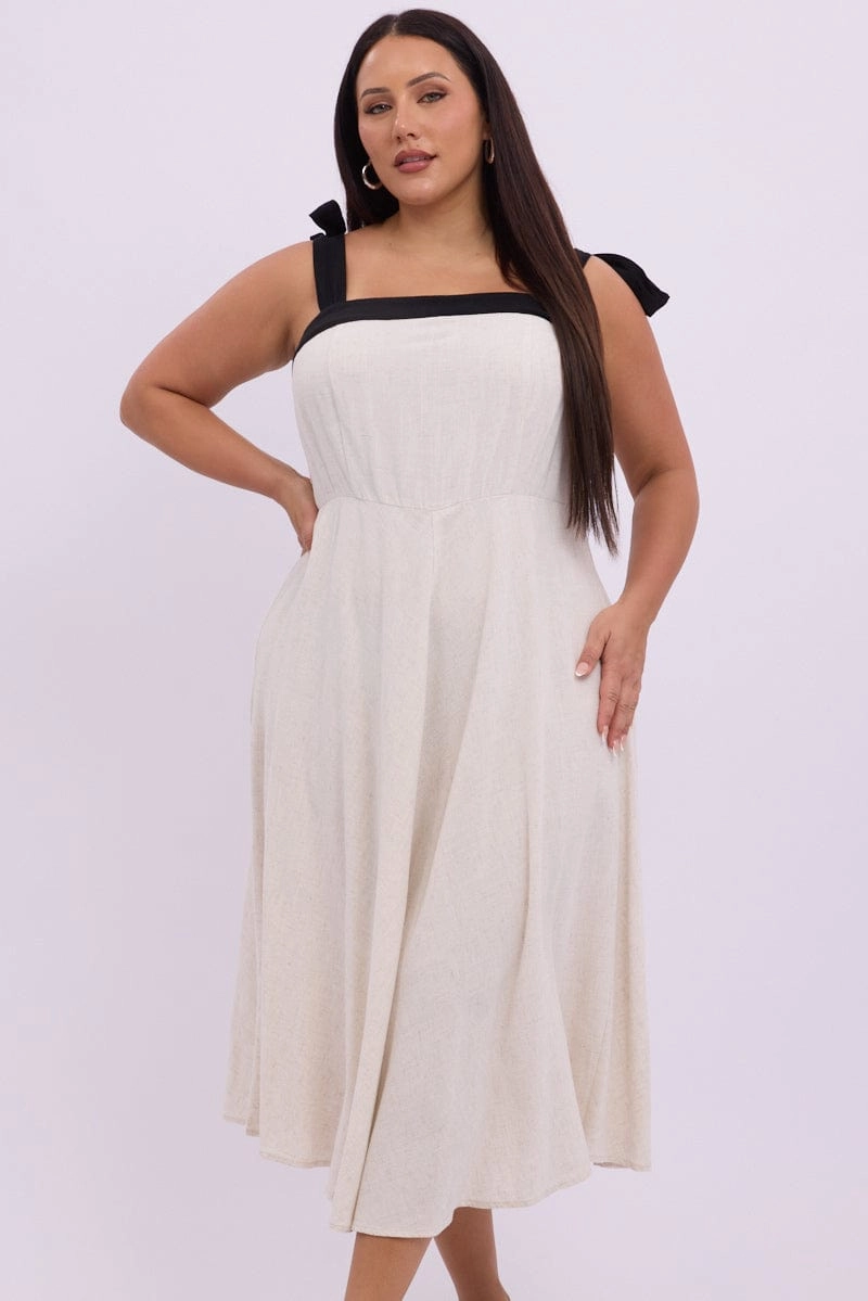 Beige Midi Dress Sleeveless Contrast Shoulder Tie Embroidered-Detail