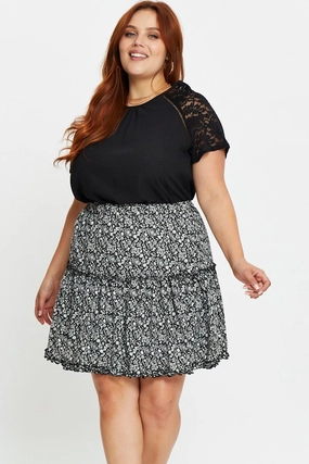 Two Tone Trim Floral Print Mini Skater Skirt Tie