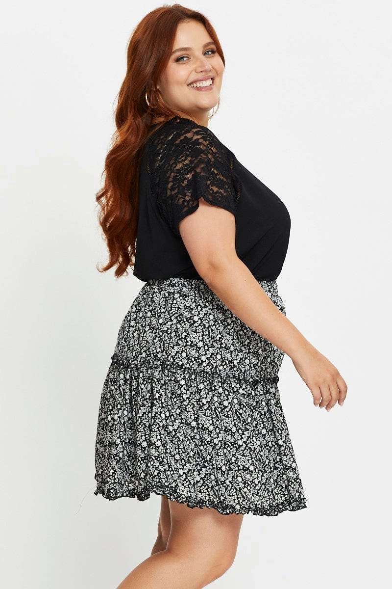 Floral Print Mini Skater Skirt Tie Button Fastenings Polished Fit