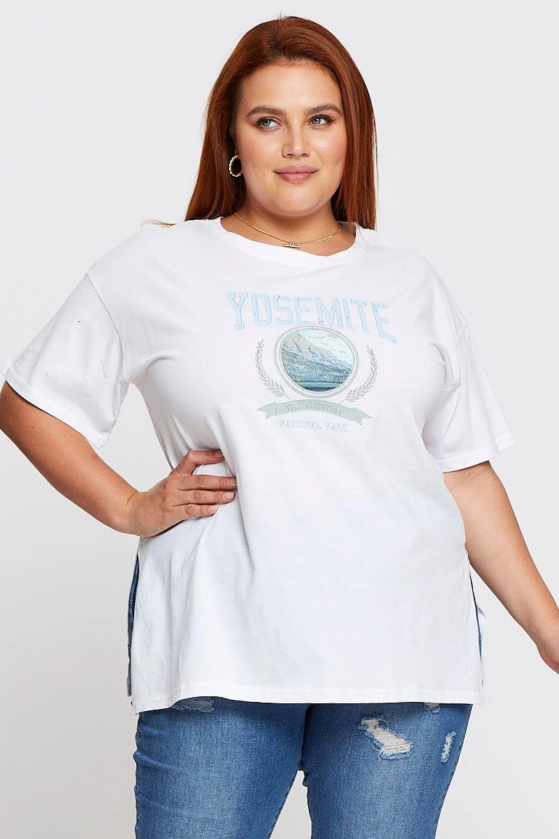 RibbedNeckBanding White Graphic T-shirt Yosemite Short Sleeve Cotton