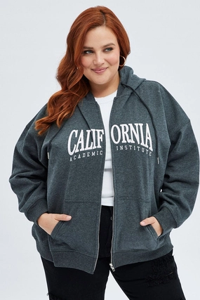 Grey Hoodie Jacket Zip Fleece California Embroidered product dancing suitability