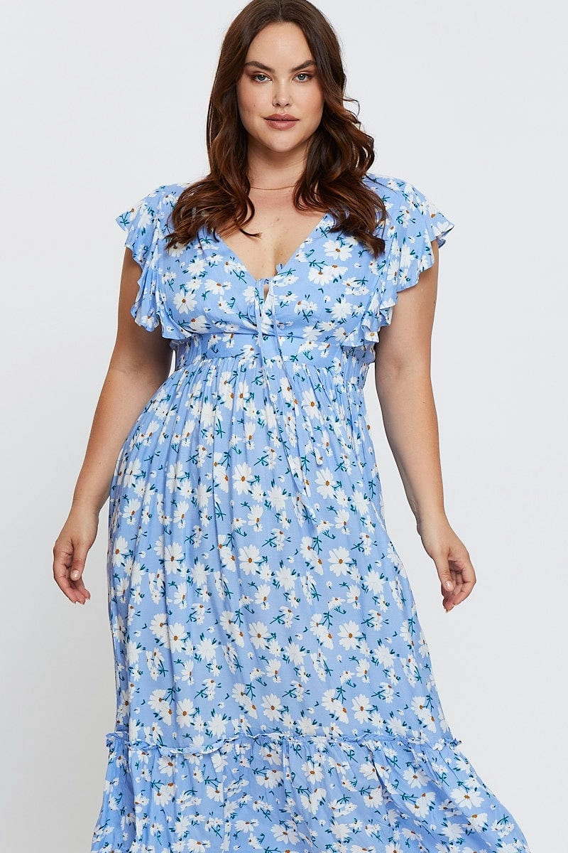 Day-To-Night Wear Floral Print Maxi Dress V-neck Short Sleeve