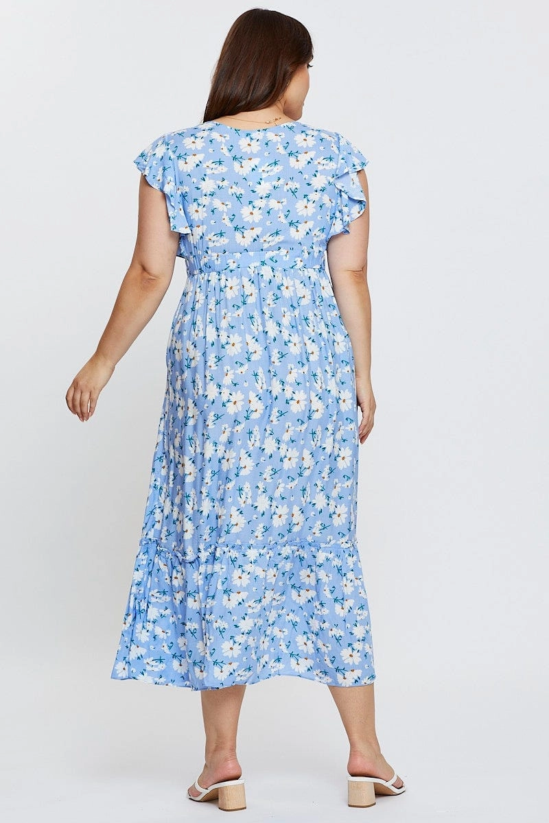 Floral Print Maxi Dress V-neck Short Sleeve Semi Fit