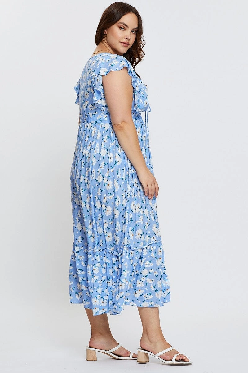 Pleated-Skirt Floral Print Maxi Dress V-neck Short Sleeve