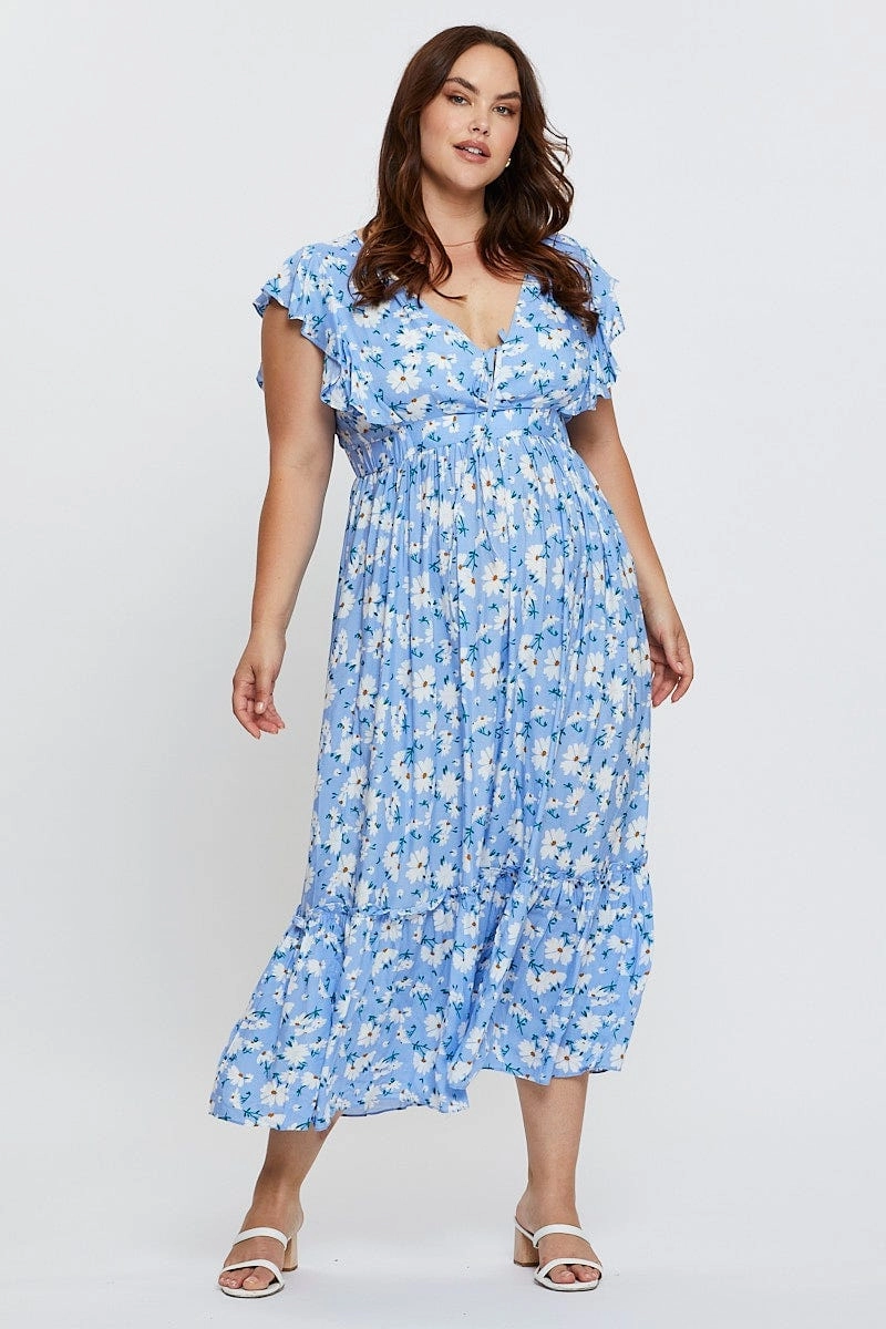 Floral Print Maxi Dress V-neck Short Sleeve Urban Drape