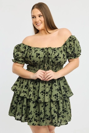 Green Ditsy Puff Sleeve Shirred Waist Minidress Sharp Fit