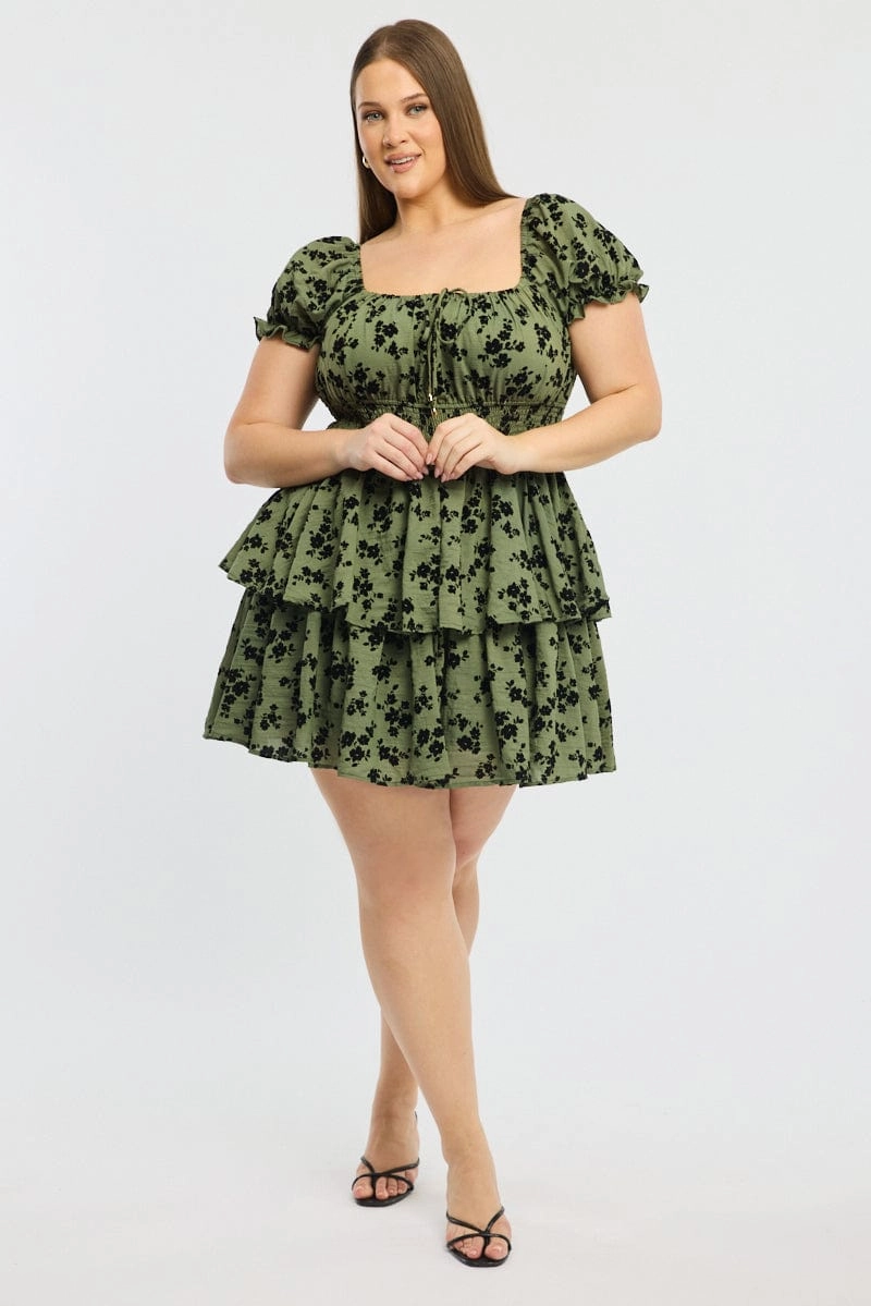 Evening Chic Green Ditsy Puff Sleeve Shirred Waist Minidress