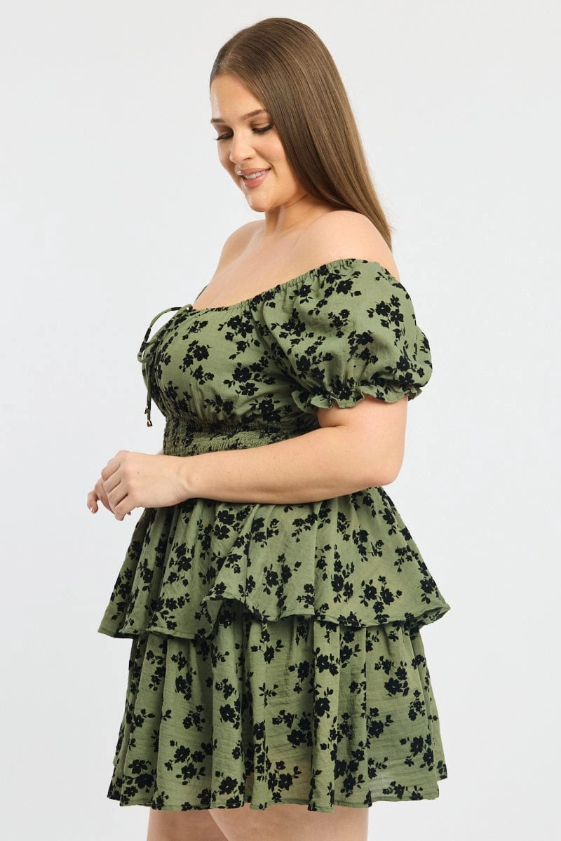 Green Ditsy Puff Sleeve Shirred Waist Minidress Romantic Bloom London Edge