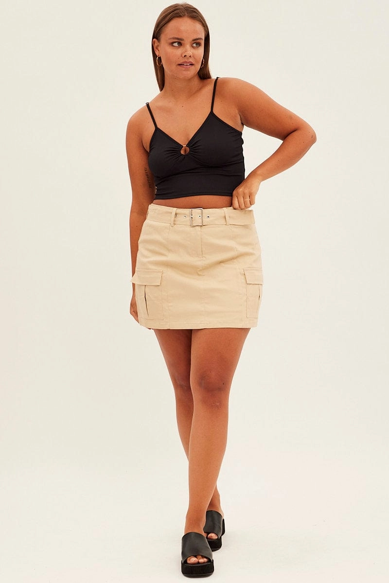 Beige Cargo Skirt Belted Mini Cotton Simple Flow Day Ready