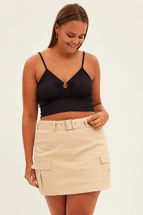 Delicate Texture Breezy Outfit Beige Cargo Skirt Belted Mini Cotton