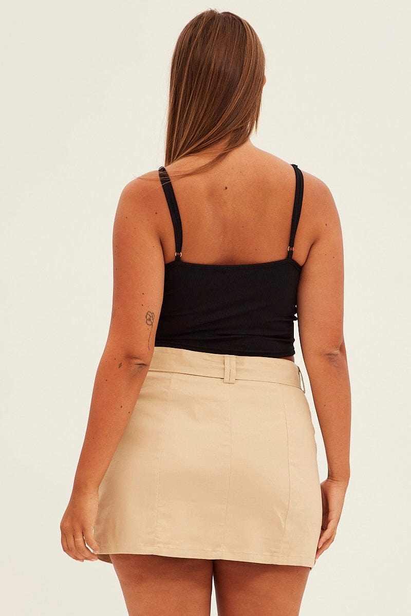 Lightweight Fabric button detail Beige Cargo Skirt Belted Mini Cotton